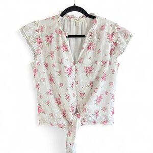 Floral Tie-Front Short Sleeve Top - Pink on White